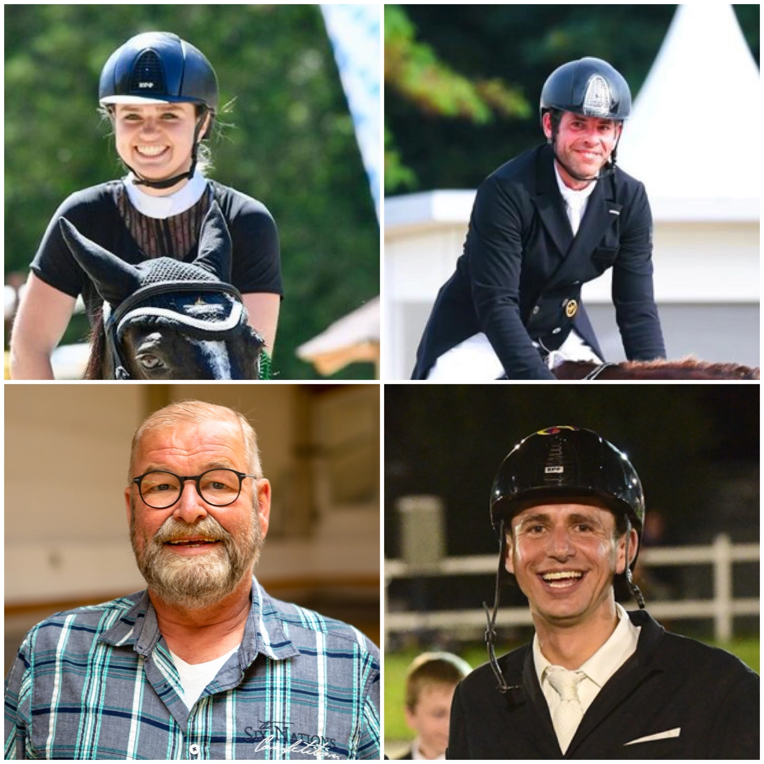 Reitsportzentrum München GbR – Dieses Bild zeigt eine Collage von Personen, die im Reitsport aktiv sind (darunter auch Pferde), sowie das Porträt eines Mannes, der wahrscheinlich als Trainer oder Persönlichkeit des öffentlichen Lebens mit dem Reitsportzentrum München verbunden ist.